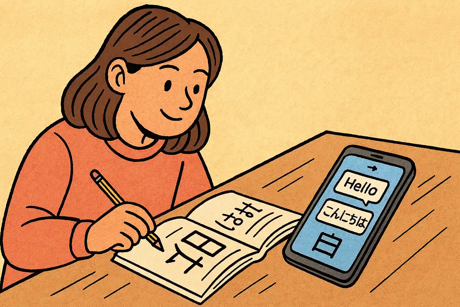 A girl learning Japanese language while her smartphone lies near her and a translator app is opened on the screen
