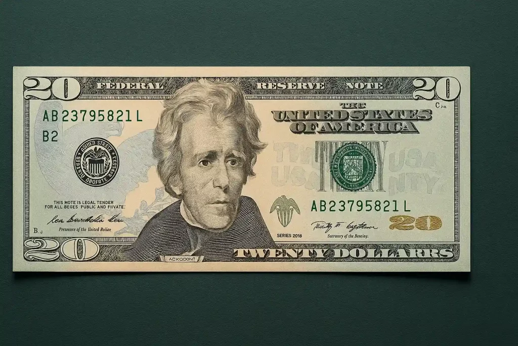 Detailed digital photograph of a modern U.S. twenty-dollar bill featuring Andrew Jackson's portrait, clear serial numbers, security features, and engraved design elements against a dark green background.