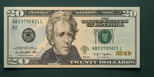 Detailed digital photograph of a modern U.S. twenty-dollar bill featuring Andrew Jackson's portrait, clear serial numbers, security features, and engraved design elements against a dark green background.