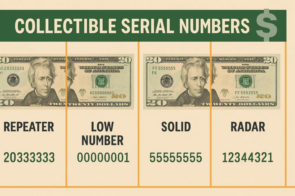 Illustrated graphic displaying four U.S. $20 bills, each labeled with a unique collectible serial number type—Repeater, Low Number, Solid, and Radar—presented with clear examples and a green header for easy identification.