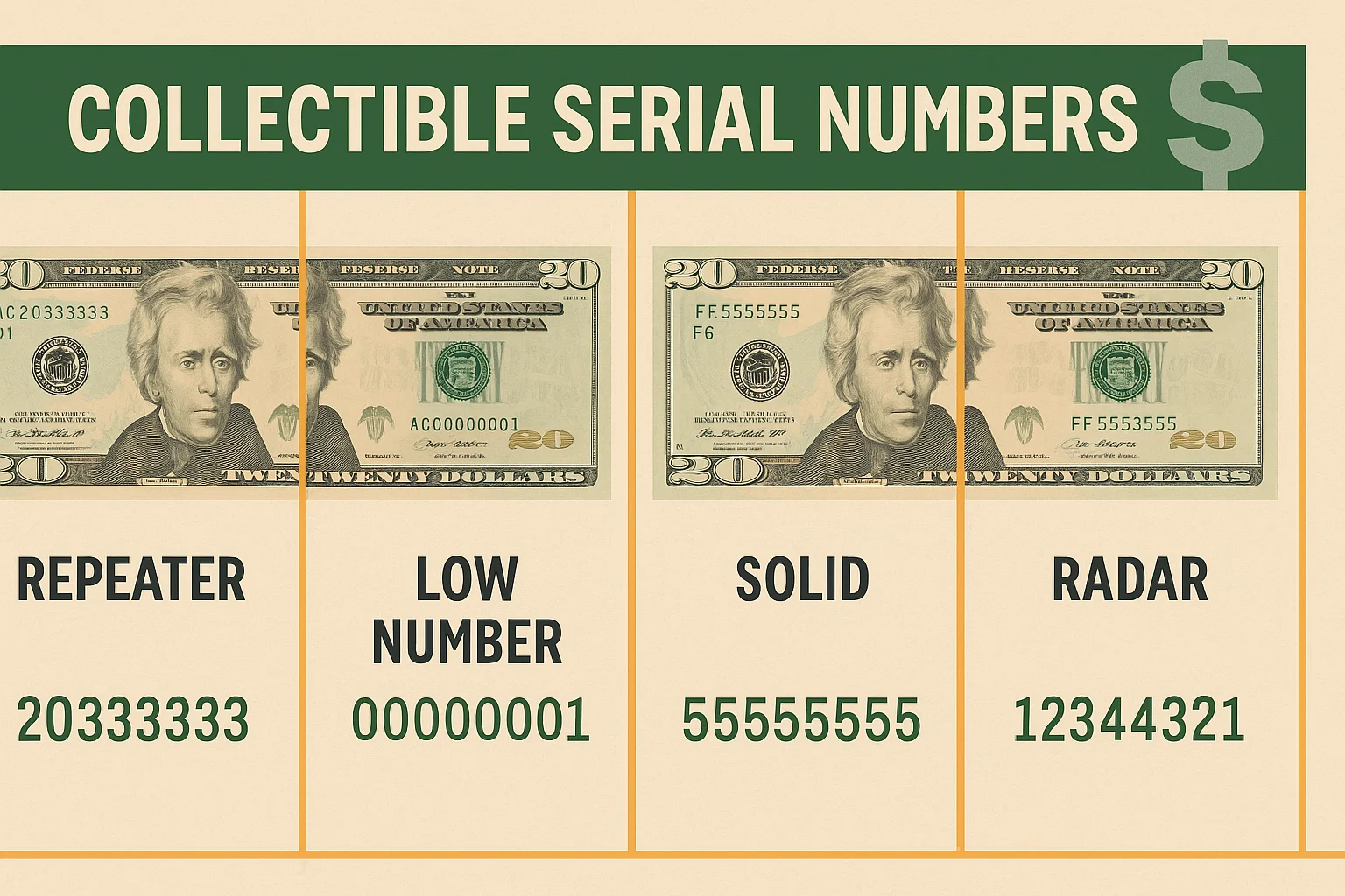 Illustrated graphic displaying four U.S. $20 bills, each labeled with a unique collectible serial number type—Repeater, Low Number, Solid, and Radar—presented with clear examples and a green header for easy identification.