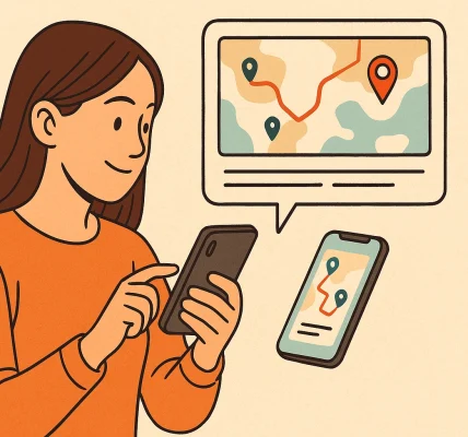 A woman is looking at her location history on her smartphone.