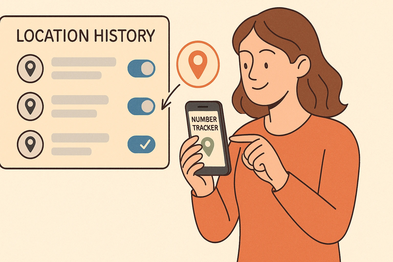 A woman manages her location history settings via Number Tracker.