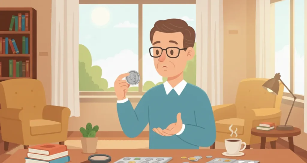 man examining the coin