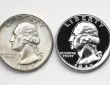 Two 1942 Philadelphia quarters side by side: a regular strike on the left and a proof on the right.