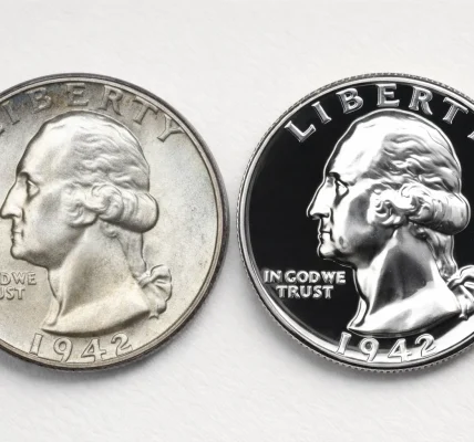 Two 1942 Philadelphia quarters side by side: a regular strike on the left and a proof on the right.