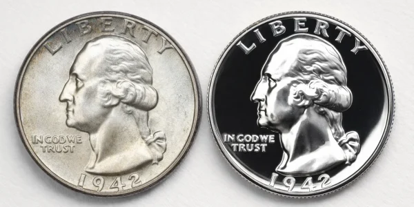Two 1942 Philadelphia quarters side by side: a regular strike on the left and a proof on the right.