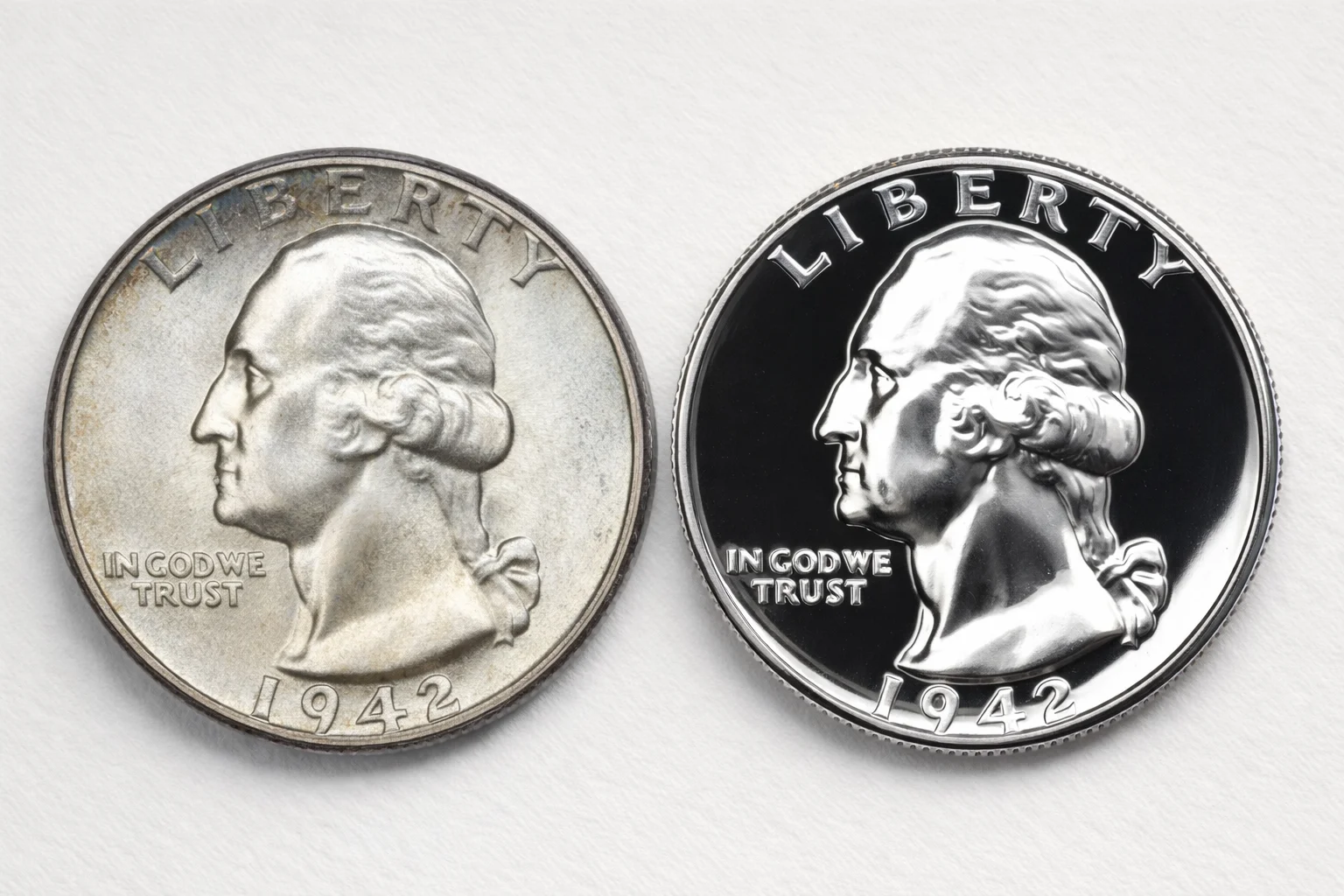 Two 1942 Philadelphia quarters side by side: a regular strike on the left and a proof on the right.