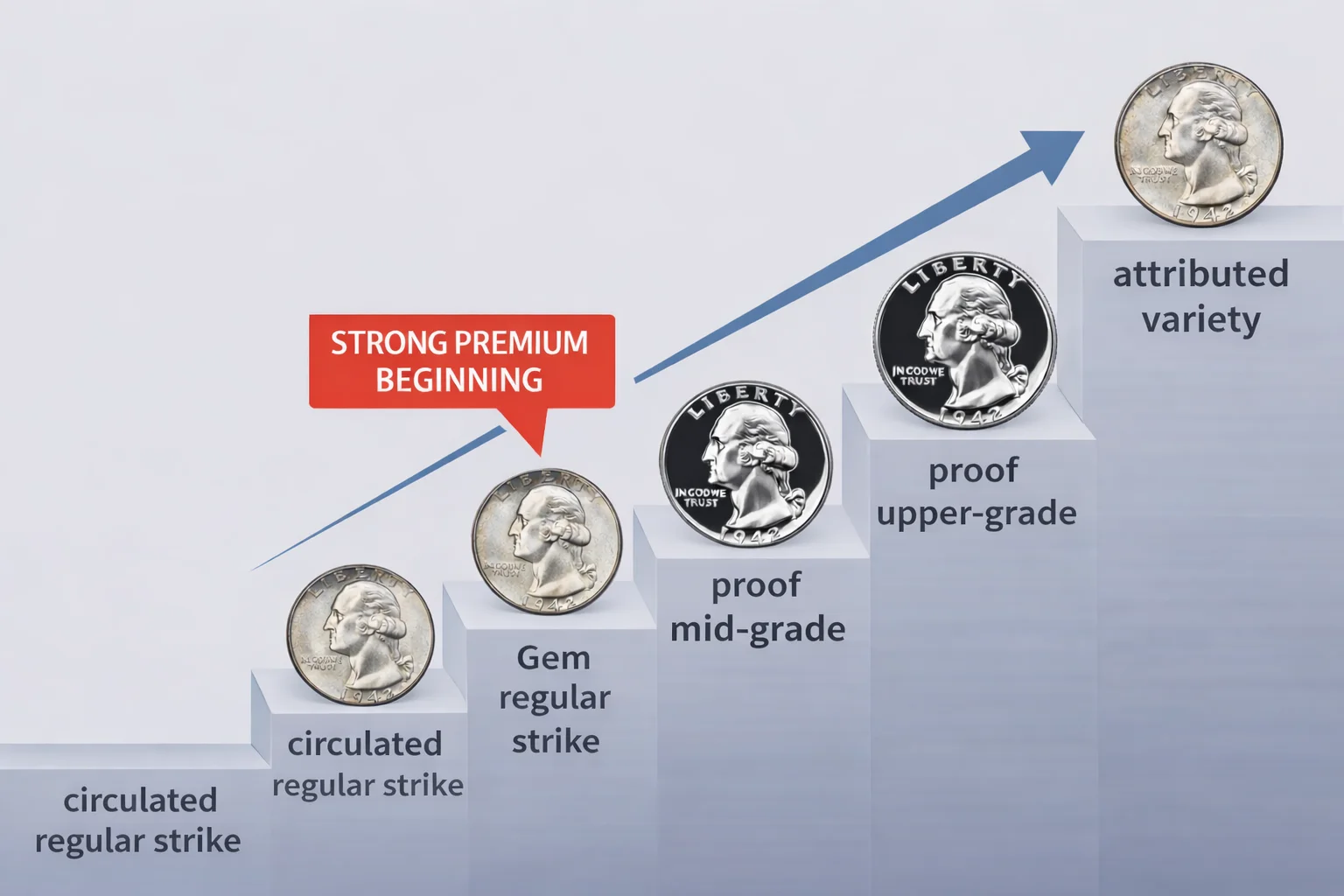 Value ladder for a 1942 no-mint-mark quarter, from circulated regular strike to premium proof and attributed variety.